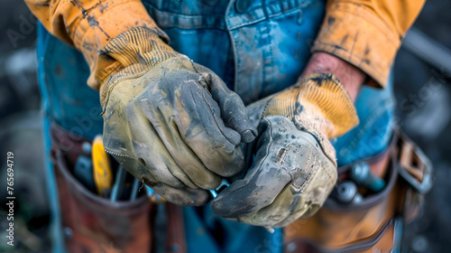 Repairman holding side cutters in hand ,Close up of a worker's tool belt with various tools and yellow gloves with blue background 