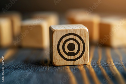 Wooden block with a target icon on a dark background. Focus on the target. The concept of achieving goals and objectives.