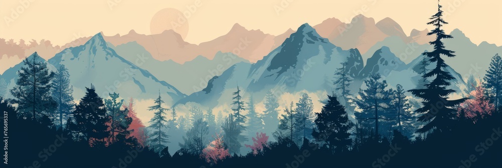 Nordic Style Vector Illustration Border Banner Art Background with Empty Copy Space created with Generative AI Technology - obrazy, fototapety, plakaty 