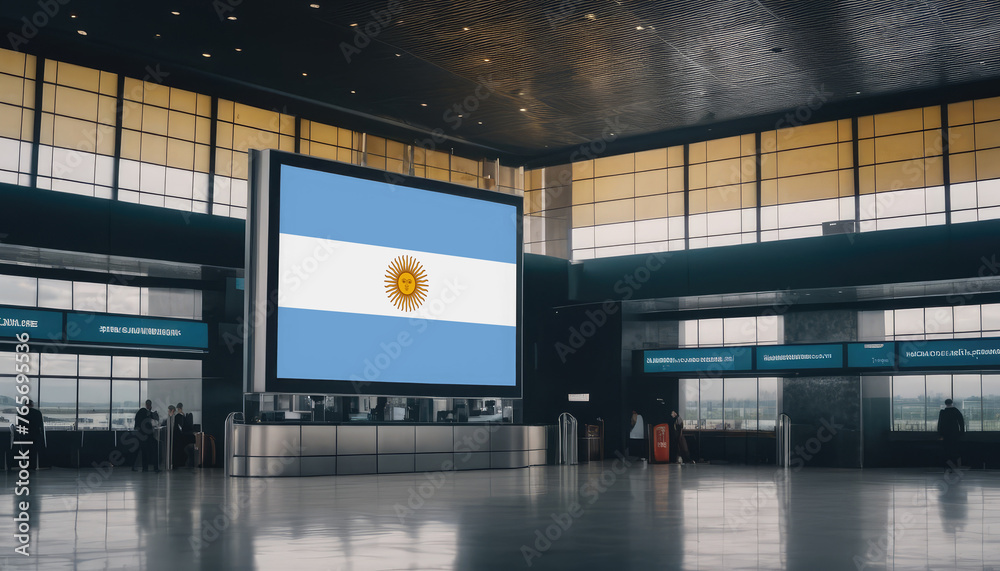 Argentina flag in the airport terminal. Travel and tourism concept. Argentina flag in the airport terminal. Travel and tourism concept.