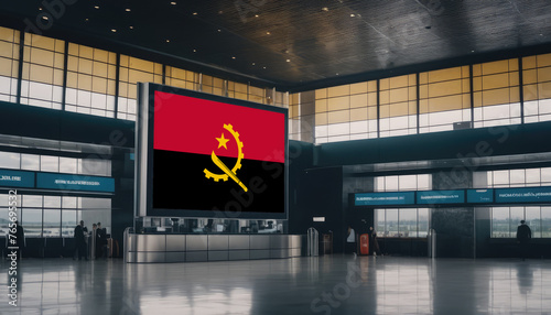 Angola flag in the airport terminal. Travel and tourism concept. photo