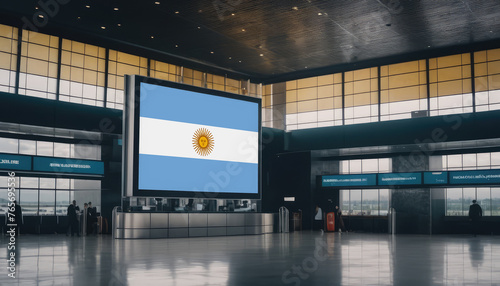 Argentina flag in the airport terminal. Travel and tourism concept.