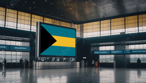 Bahamas flag in the airport terminal. Travel and tourism concept.