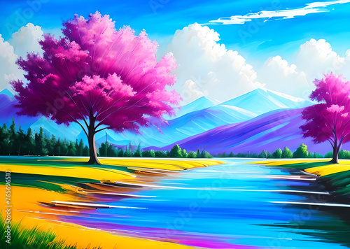 landscape in a fabulous forest  rainbow spectrum of colorful autumn trees in unusual neon lighting  fog background autumn fantasy painted  mountain and forest terrain  Generative AI 