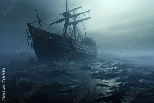 Mysterious Pirate Ship Sailing Through Moonlit Waters Beneath Crepuscular Clouds