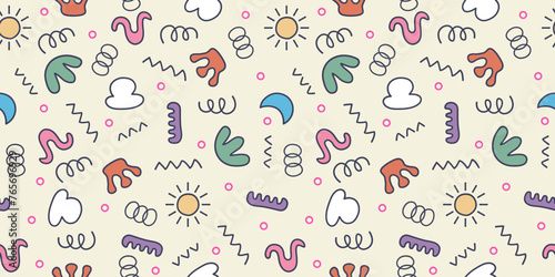 Funny hand drawn cartoon repetitive pattern. Vector illustration suitable for prints.
