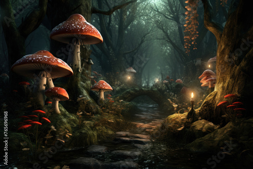 Enchanted Forest Path Lined with Luminescent Mushrooms at Night © KirKam