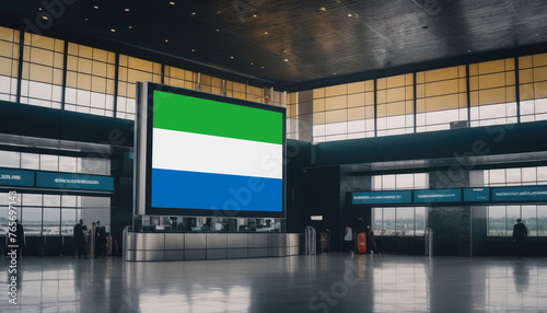 Sierra Leone flag in the airport terminal. Travel and tourism concept.