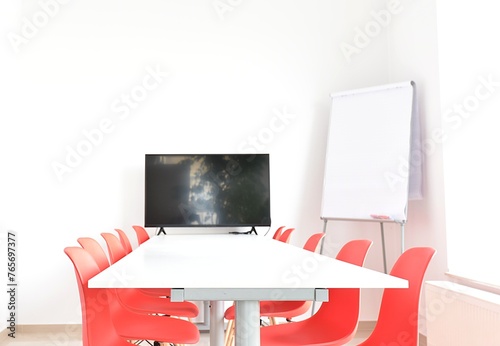 white office with red chairs