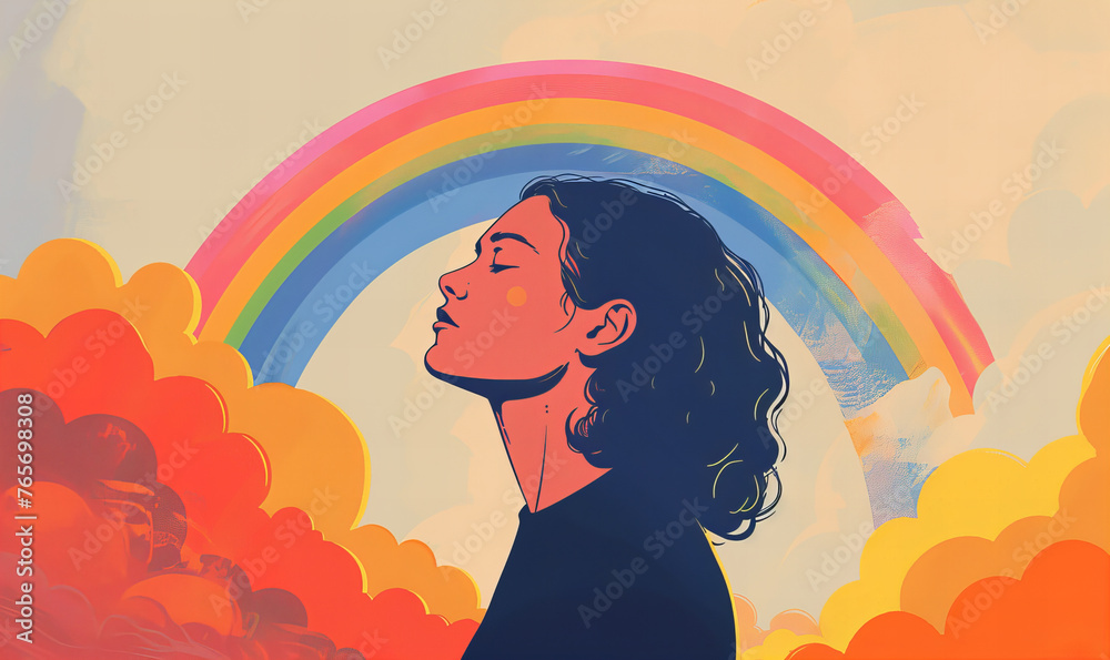 Colorful illustration of optimistic young woman breathing deeply against rainbow. Positivity and happiness concept.