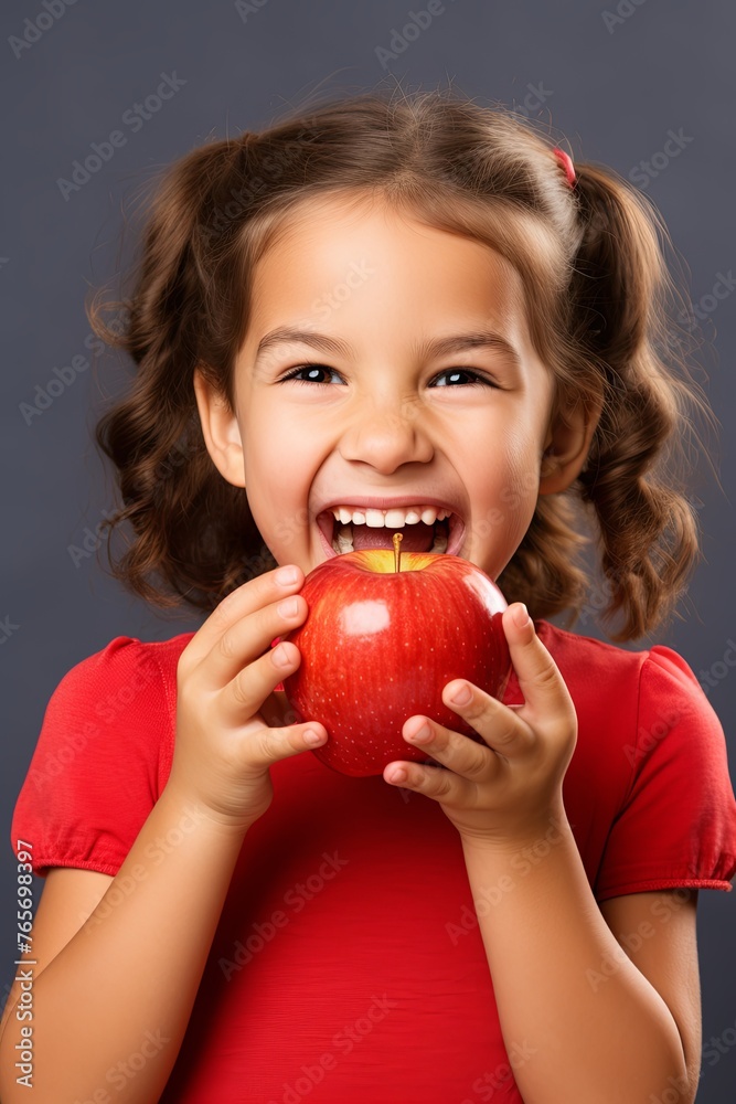 Happy Young Child Holding a Juicy Red Apple About to Bite Happy Young Child Holding a Juicy Red Apple About to Bite