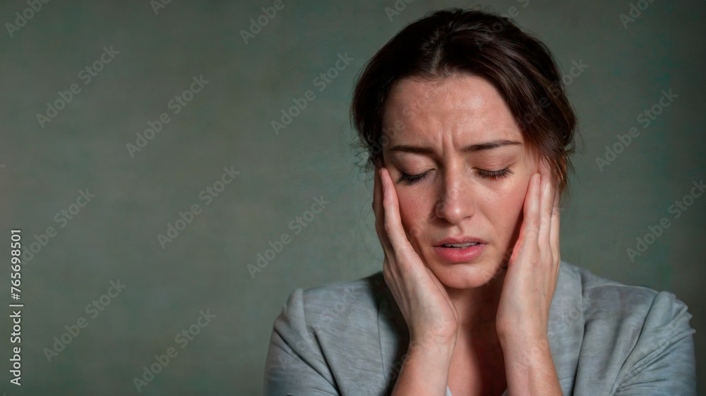 Headache. Distress. Stress. Man touching his temple with signs of pain. AI Generated. Headache. Distress. Stress. Man touching his temple with signs of pain. AI Generated.