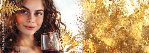 Woman enjoys a glass of wine. Golden background design with beautiful gold splashes and flowers, plants and ferns. Design for wine presentation of your wine list or wine shop.