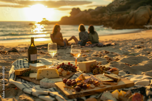 Friends Enjoying a Beach Picnic at Sunset with Wine and a Cheese Platter