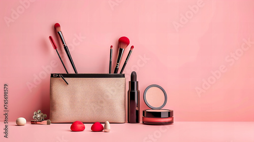 Vibrant beauty and makeup collection with pink accessories, focusing on professional cosmetics in a fashionable and colorful presentation