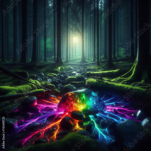 Enchanting Rainbow Gem in Mysterious Forest Setting photo