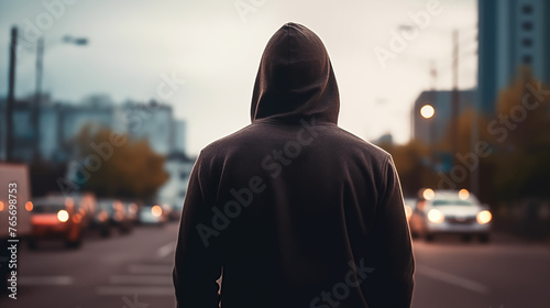Delinquent wearing a hoodie looking at the city - daytime crime illustration. photo