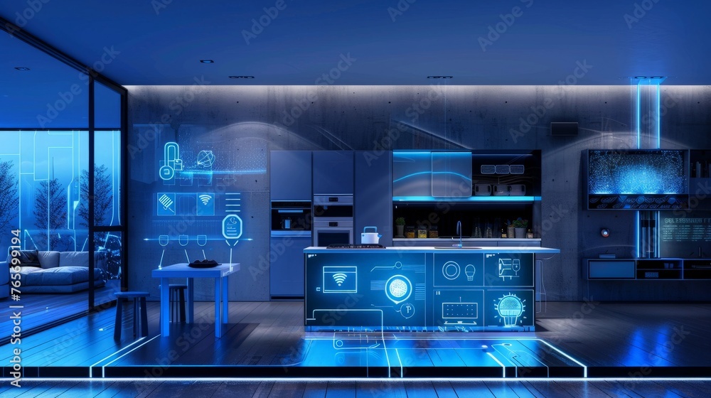 interior of a fully integrated AI-powered smart home, where every appliance and system is seamlessly connected, responding to the inhabitants' needs through intuitive interfaces