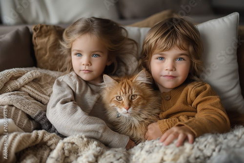 Adorable children with their pets. A boy and a girl with a ginger cat.