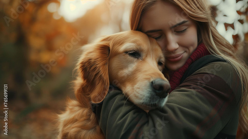 A young woman hugging her golden retriver. 