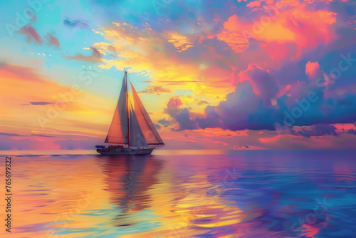Vibrant Sunset Sailing on Calm Ocean with Picturesque Clouds