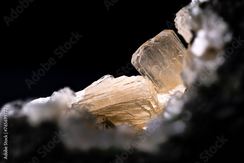 Stilbite and clear heulandite macro photography detail texture background. From India. close-up raw rough unpolished semi-precious gemstone  photo