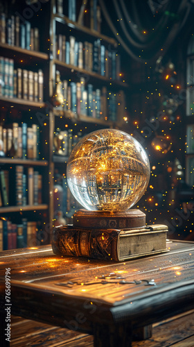 Mystical crystal ball revealing future gold prices and market trends, placed on an ancient wooden table in a dimly lit room filled with books and potion bottles, 3D render, spotlight, Vignette