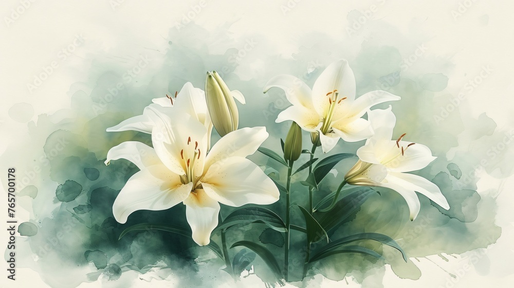 Fototapeta premium A bunch of lilies painted in soft watercolor style with gentle colors.