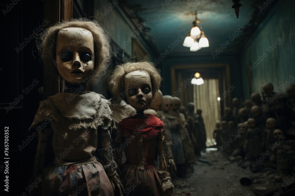  Creepy Corridor with Vintage Dolls Casting a Haunting Presence