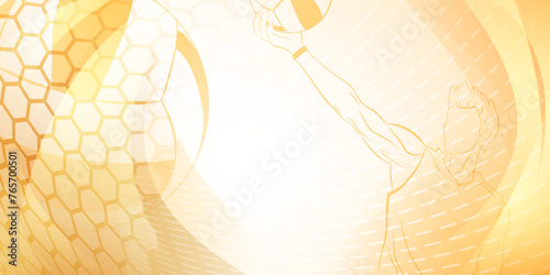 Volleyball themed background in yellow tones with abstract meshes, curves and dotted lines, with a male volleyball player hitting the ball