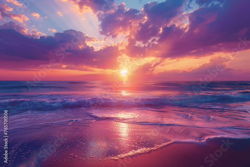 Sunset Sky over Sea Beach  Evening Landscape with Colorful Sky in Orange  Pink  Purple  and Blue  Horizon Summer Seascape