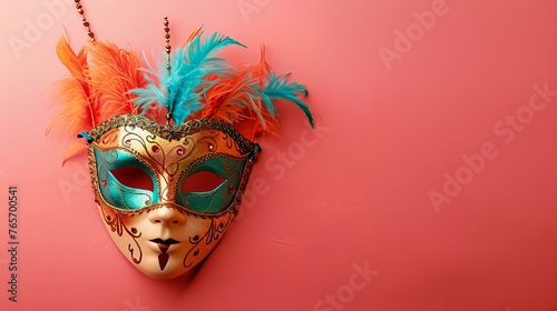 Intricate Gold-Detailed Carnival Mask with Vibrant Feathers on a Pink Solid Background