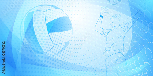 Volleyball themed background in blue tones with abstract meshes, curves and dotted lines, with a male volleyball player hitting the ball