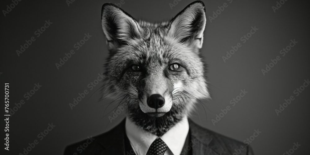 Fototapeta premium Sophisticated fox in a stylish suit and tie posing in black and white on dark background