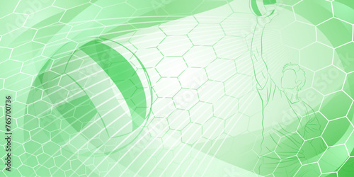 Volleyball themed background in green tones with abstract meshes, curves and lines, with a male volleyball player hitting the ball