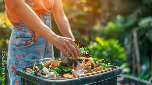 demonstrating sustainable practices for reducing kitchen waste, woman hands actively composting food waste into an outdoor compost bin, 