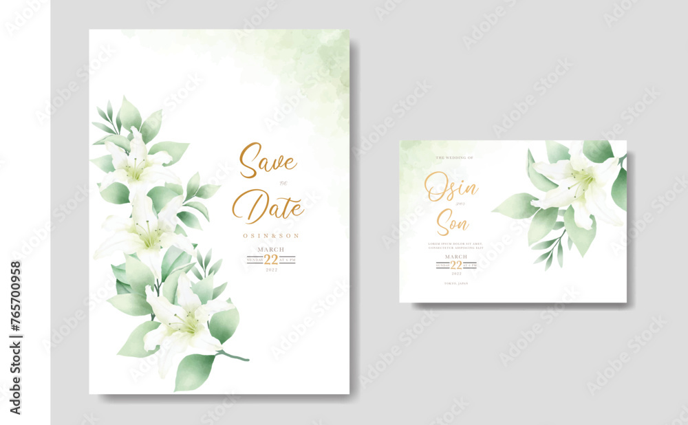 Watercolor lily floral wedding invitation card template 