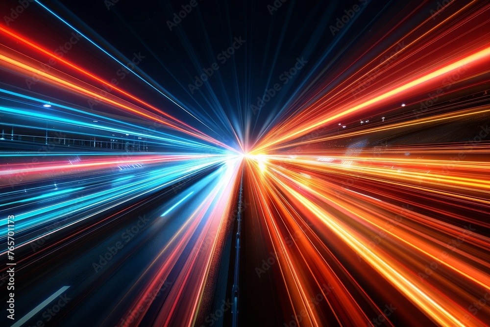A long, bright orange streak of light is seen on a dark road A long, bright orange streak of light is seen on a dark road