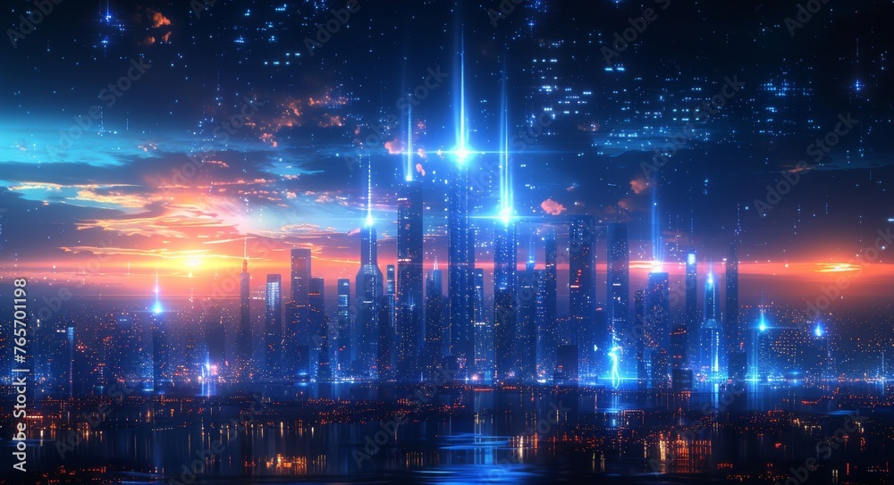 A cityscape with a bright blue sky and a glowing cityscape