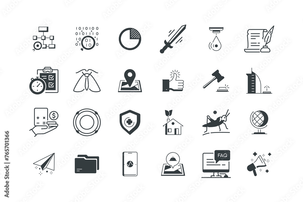 Fototapeta premium Analysis,Binar code,Cut,Data map,Digital marketing,Faq,find us,Fitness app,Folder,Globe,Grasshopper,Green house,Health,Help,Hotel,Law,Like,Map,Moth,Paper airplane,set icons, vector illustration