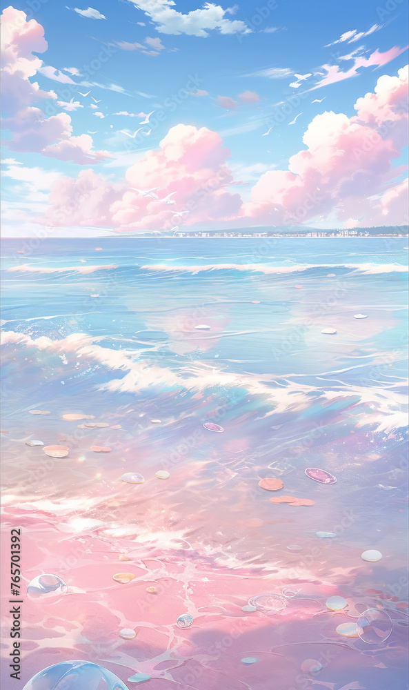 Pastel colored beach with clear waters, in anime style V2