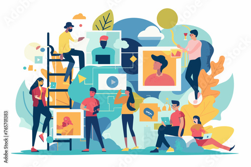 Business Concept Illustration: Social Media and Photography Gallery Interaction, Online Image Sharing Platform, Creative Digital Marketing and Networking Scene