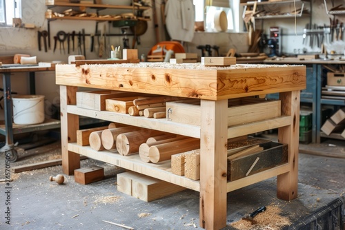 Traditional Woodworking Bench with Tools in a Carpenter's Workshop Surrounded by Woodworking Equipment