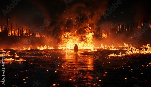 A person stands in front of a fire, surrounded by flames and smoke