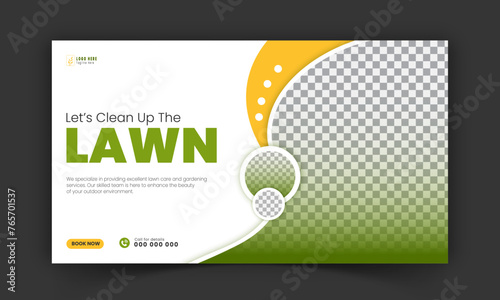 Lawn care and farming service YouTube thumbnail design, modern lawn mower garden, or landscaping service with abstract green and yellow color shapes for social media cover, post, web banner template