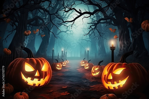 Spooky Halloween Scene with Jack-o -Lanterns Lining a Creepy Forest Path