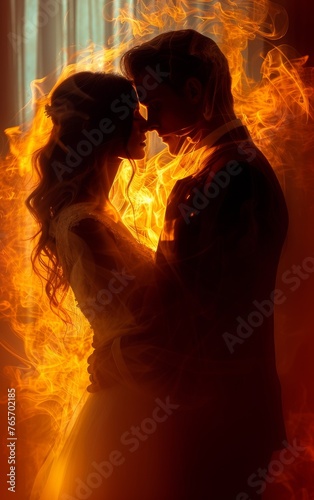 A couple is kissing in front of a fire
