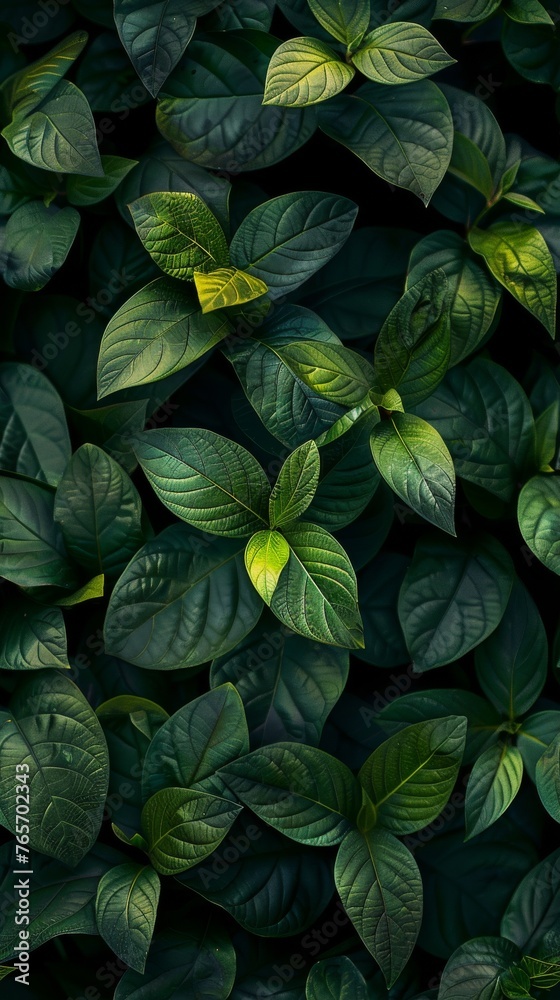 A close up of green leaves with a single leaf in the foreground
