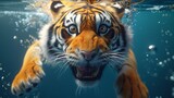 A tiger is swimming in the ocean with its mouth wide open