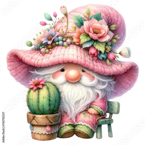 Cactus Gnome Illustration with Pink and Green Hat © EmBaSy